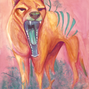A surreal image of a Tasmanian Tiger fading into the background. Its colours are distorted, with the inside of its mouth blue and green, its stripes teal, and its feet and back disappearing in patches into a pink and teal backdrop.